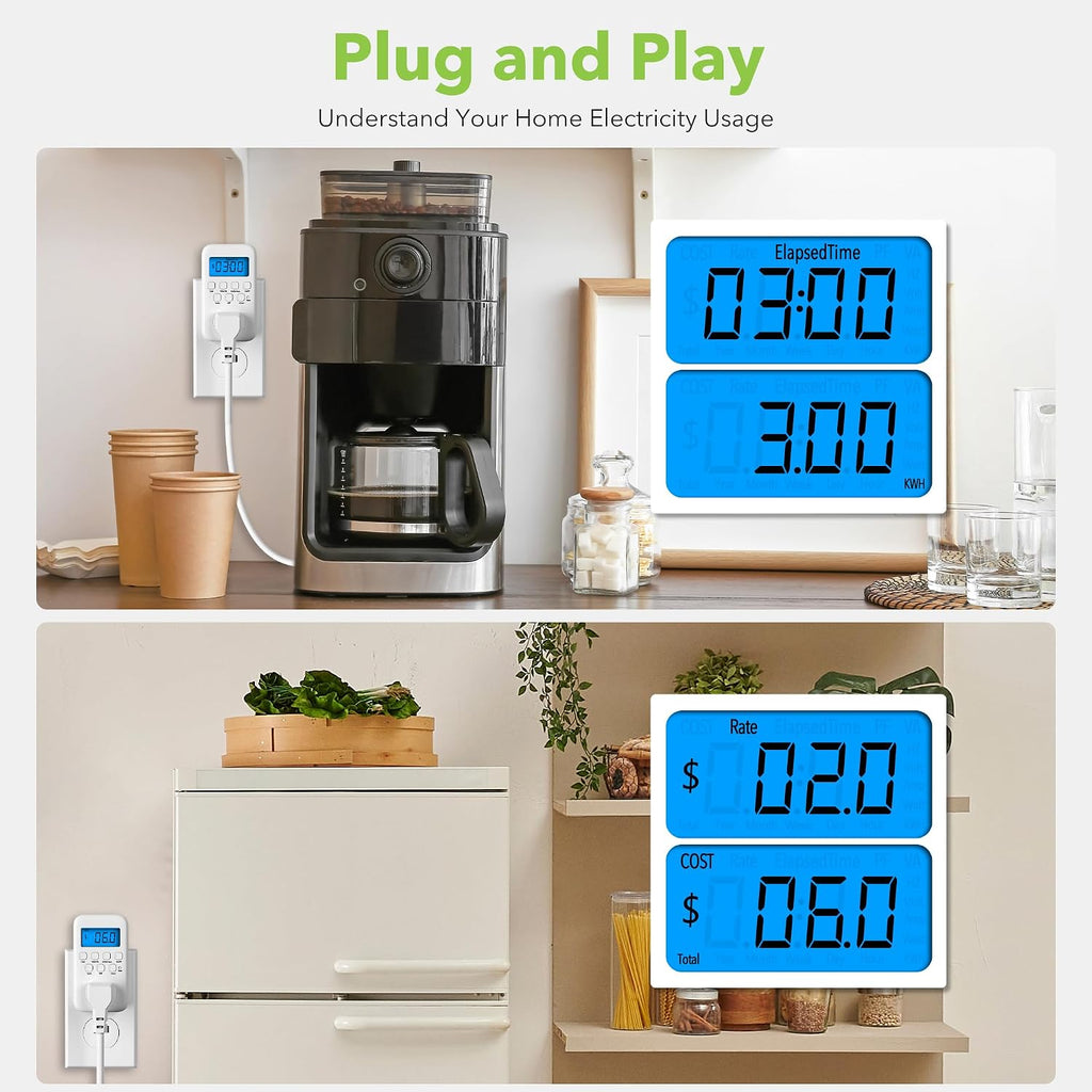 Watt Meter Plug with Backlight, Plug-In Socket Power Meter Electricity Usage Monitor Consumption Electrical Energy Monitor, Voltage Amps Wattage Electricity Usage Tester, 9 Display Modes - 2 Pack
