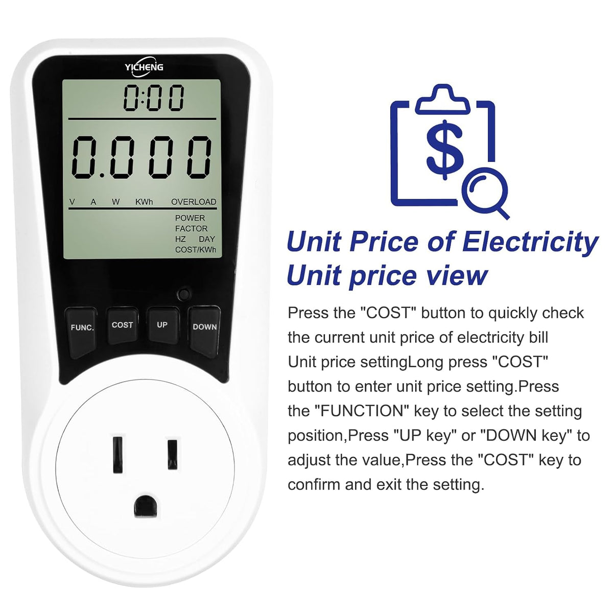 Multifunctional YC05-US Energy Meters Socket Wattmeter Power Monitor for US with Electricity Consumption Meter,Let It Help You Better Control Your Electricity Bills. (Blue Backlight)