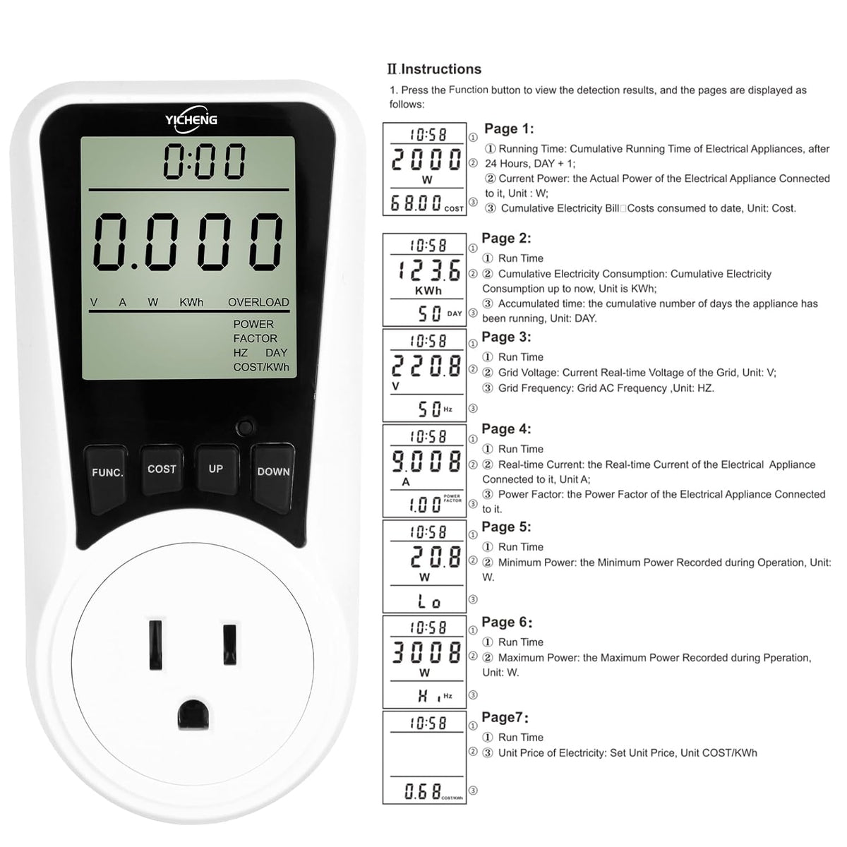 Multifunctional YC05-US Energy Meters Socket Wattmeter Power Monitor for US with Electricity Consumption Meter,Let It Help You Better Control Your Electricity Bills. (Blue Backlight)