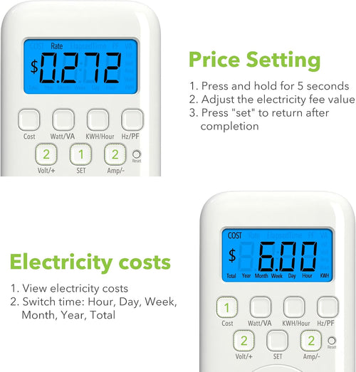 Watt Meter Plug with Backlight, Plug-In Socket Power Meter Electricity Usage Monitor Consumption Electrical Energy Monitor, Voltage Amps Wattage Electricity Usage Tester, 9 Display Modes - 2 Pack
